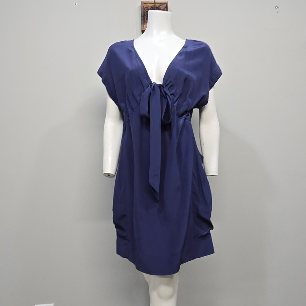 Whistles London Silk Dress Women 8 Navy Blue Tie Front Luxury Minimalist Chic